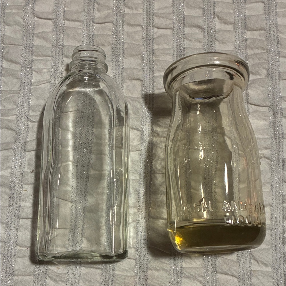 Vintage Clear Glass Decorative Bottles- the yellowish jar, says sealed 1/4 pint